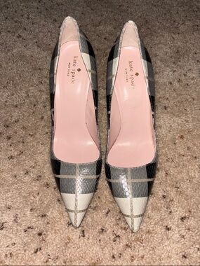 kate spade Buffalo Check Black and White Plaid Pointed Leather Pumps Size 10